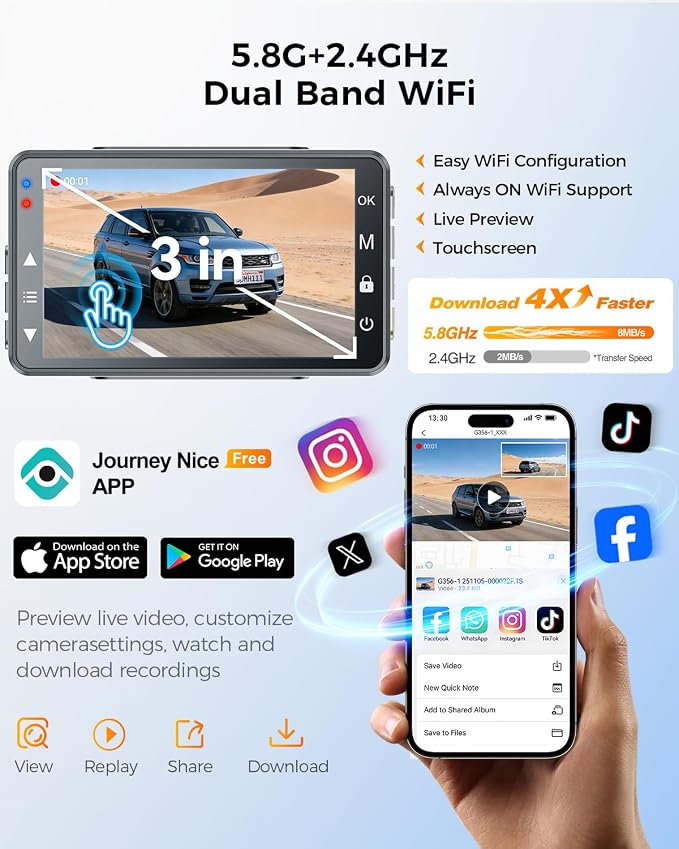 4K+4K Dash Cam Front and Rear, STARVIS SensorsFree 64GB Card,Support 256GB Max,5.8GHz WiFi Dash Camera for Cars,140°Wide Angle,3" IPS Screen, Dash Camera for Cars with 24/7 Parking Mode