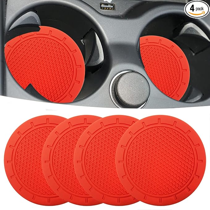 Car Cup Holder Coaster, 4 Pack 2.75 Inch Diameter PVC Non-Slip Universal Insert Coaster, Durable, Suitable for Most Car Interior, Car Accessory for Women Men Red