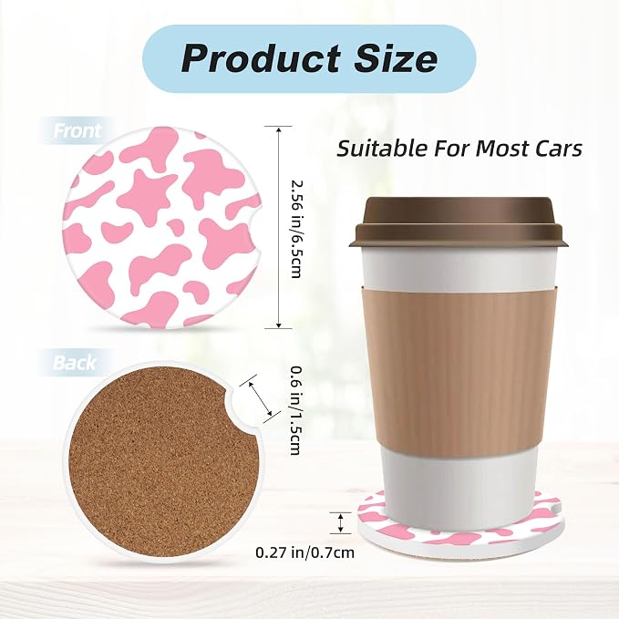 Pink Cow Print Car Coasters for Cup Holders,2 Pack Car Cup Holder Coasters for Car,Ceramic Absorbent Car Coaster with A Finger Notch and Cork Base,Car Interior Accessories for Women Men