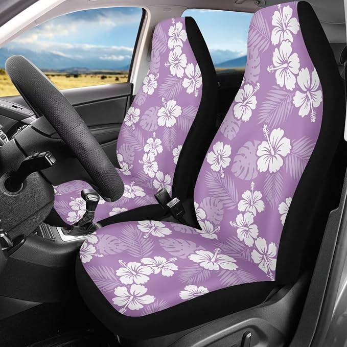 Hawaiian Florals Front Car Seat Cover Hibiscus Automobile Front Seat Covers Set of 2 Stretch Polyester Fabric Cover Universal Fit for Cars SUV Sedans