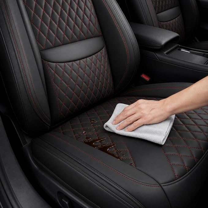 Black and Red Nappa Leather Contoured Automotive Car Seat Covers Full Set | Univerasal Precision Fit,Lumbar Support,3D Contoured,Semi Coverage,Waterproof,ThickTexture,for most Suvs Trucks Sedans