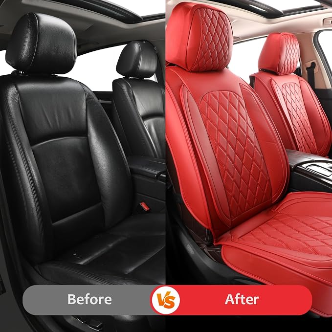 MIROZO Seat Covers Full Set,Leather Car Seat Covers Breathable Car Seat Protector Waterproof Automotive Vehicle Cushion Cover Universal for Most Sedan, Truck and SUV (Full Set, Wine Red)