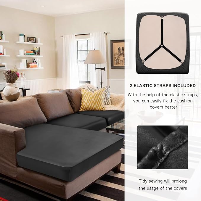 Yates Home Sectional Covers 4 Piece for L Shape Couch - PU Leather Separate Cushion Slip Cover for Left/Right Sectional (3 Seater + 1 Chaise, Black)