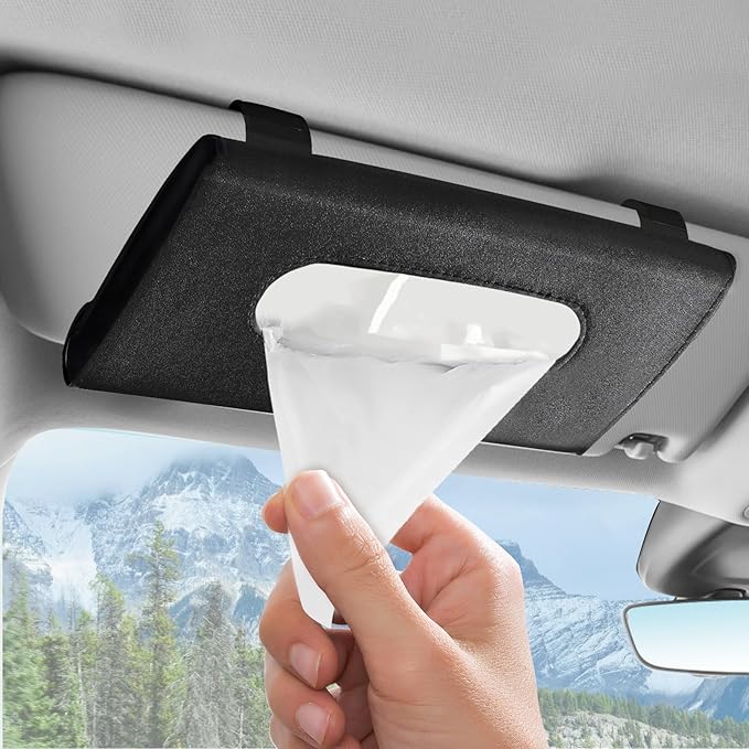 Wuyaoyao Car Tissue Holder, Auto Sun Visor Napkin Holder Mask Holder, Premium PU Leather Car Tissue Holder Visor Tissue Dispenser, Universal Sun Visor Tissue Box for Most Vehicle (Black)
