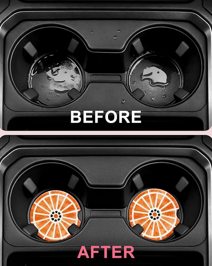 Swooflia 2 Pack Absorbent Ceramic Car Coasters for Women - 2.55 Inch Lemon Orange Car Cup Holder Coasters with Cork Base, Funny Car Accessories, New Driver Gifts