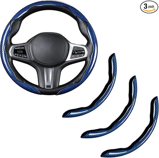 Carbon Fiber Steering Wheel Cover, Snap on Car Steering Wheel Cover Set Accessories 3pcs Wrap Grip Non Slip Protector Universal Glossy Blue