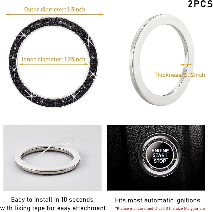 Kewucn 2 PCS Bling Crystal Double Rhinestone Car Engine Start Decoration Ring, Sparkling Push Start Button Sticker, Key Ignition & Knob Ring Decoration, Bling Car Interior Accessory(Black)