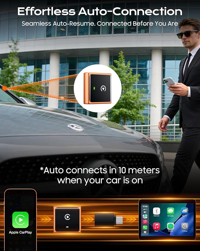 Mini Wireless CarPlay Adapter for iPhone Apple, USB-A/C Plug & Play | Go Wireless with Factory Wired Apple CarPlay, Fast Auto Connect, Low Latency, Compatible with iOS 10+ & 2015+ Cars, Orange
