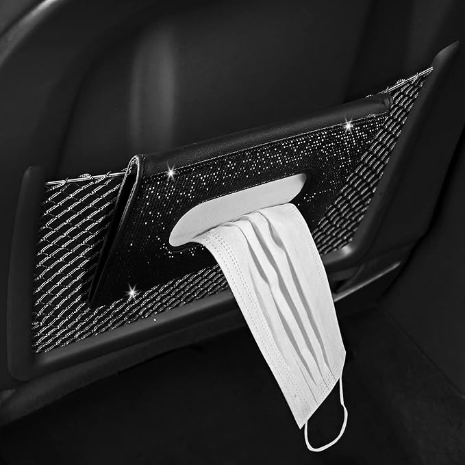 【2026 Upgraded】 Bling Car Sun Visor Tissue Box with Refills Paper Towels, PU Leather Backseat Mask Case,Crystal Sparkling Napkin Holder, Handmade Decoration Accessories for Women,Girls,Ladies as Gift