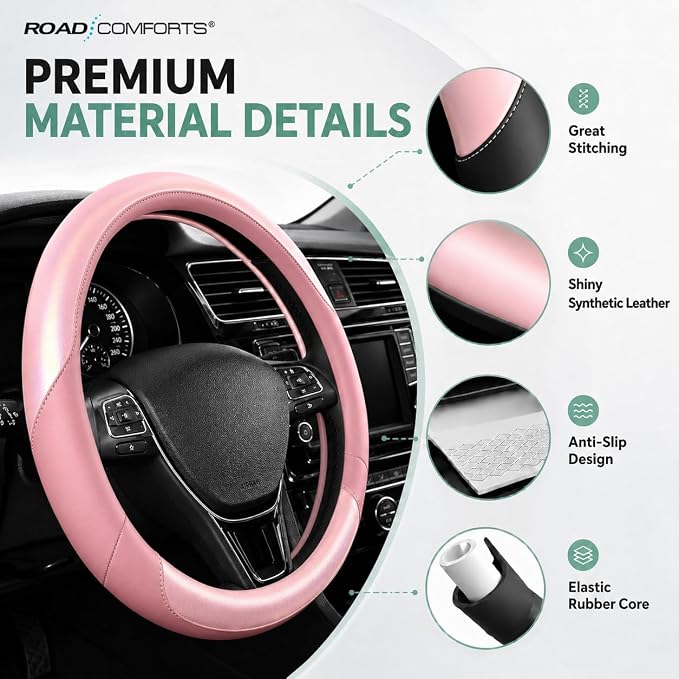 Road Comforts Steering Wheel Cover – Breathable Leather Steering Wheel Cover, Anti-Slip Grip, Universal Fit 14.5” to 15”, Heat & Cold Resistant for Cars, SUVs, and Trucks – Shining Pink & Pink