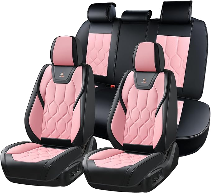 Huidasource Car Seat Covers, Universal Fit for Cars SUVs Trucks, Black&Pink | Full Coverage Leather Seat Cover, Airbag, Cupholder Compatible, Seat Function Retain, Easy Install with Velcro