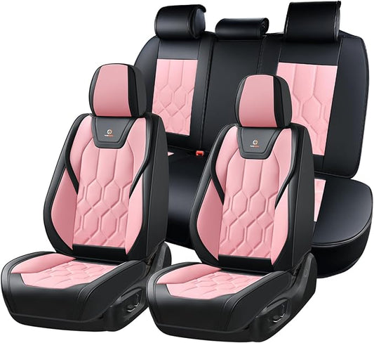 Huidasource Car Seat Covers, Universal Fit for Cars SUVs Trucks, Black&Pink | Full Coverage Leather Seat Cover, Airbag, Cupholder Compatible, Seat Function Retain, Easy Install with Velcro