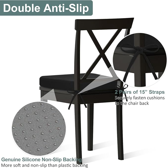 Shinnwa Dining Chair Pads Set of 6, Patented Design Memory Foam Kitchen Chair Cushions with Ties and Washable Cover, 6 Pack, 17" x 16" x 2", Black