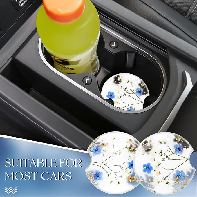 Swooflia Flower Car Cup Holder Coasters for Women - 2.75 Inch Cute Resin Clear Automotive Drink Cupholder Insert Car Accessories 2 Pack Blue