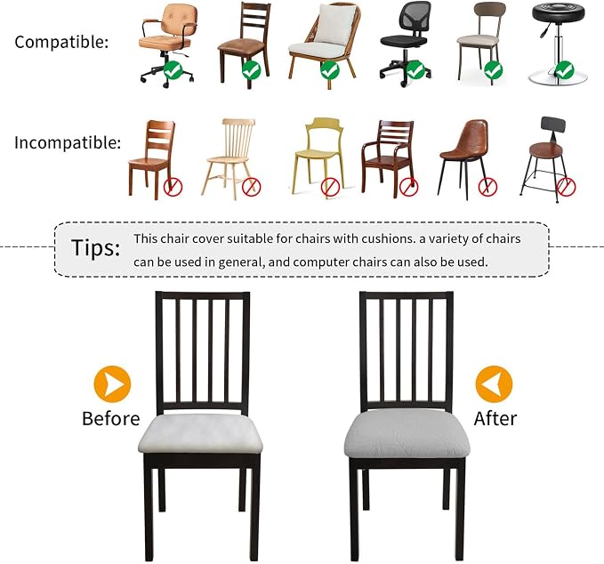 Fuloon Waterproof Chair Seat Covers 6 PCS, Stretch Cushion Covers Washable Dining Room Seat Slipcover Removable Kitchen Chair Protector (6, Light Grey)