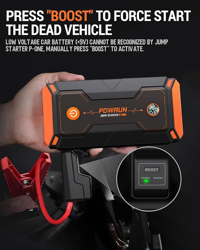 Powrun P-ONE Jump Starter, 2000A Portable Jump Box - Car Jump Starter Battery Pack for up to 8.0L Gas and 6.5L Diesel Engines, 12V Battery Jump Starter with Carry Case (Orange) | Up to 8.0L Gas Engine, 6.5L Diesel Engine, Includes Carry Case, Portable ...