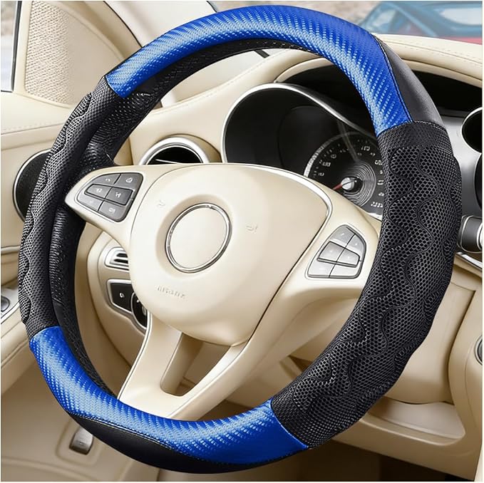 HZEL Car Steering Wheel Cover, Carbon Fiber Breathable Soft Grip Vehicle Steering Wheel Protector with Anti-Slip Lining, Automotive Interior Protective Decor Accessories, Universal Fit (Blue)