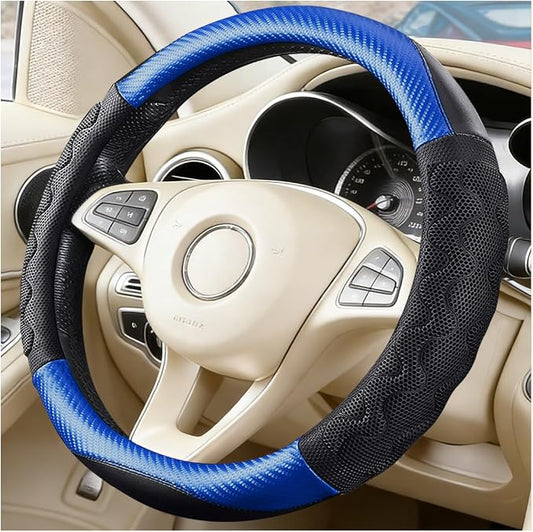 HZEL Car Steering Wheel Cover, Carbon Fiber Breathable Soft Grip Vehicle Steering Wheel Protector with Anti-Slip Lining, Automotive Interior Protective Decor Accessories, Universal Fit (Blue)