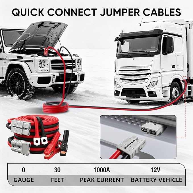 NOONE 0 Gauge 30 FT Heavy Duty Jumper Cables - 1000Amp Quick Connect Automotive Booster Jumper Cables for Car, SUV and Truck Battery - Jumper Cables Kit with Gloves, Goggles in Carry Bag