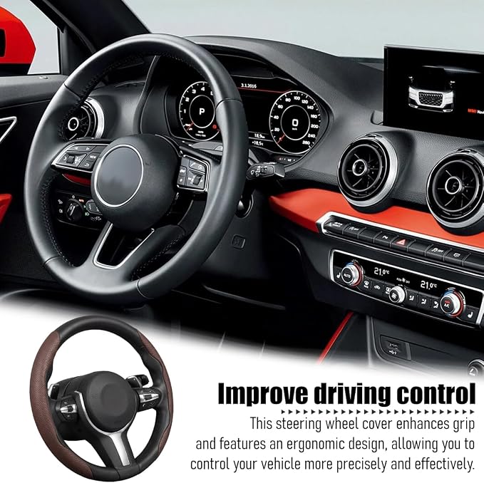 2PCS Car Steering Wheel Cover, 14.5-15" Breathable Nappa Leather Segmented Steering Wheel Protector with Non-Slip Grip, Stylish Auto Decor Accessories, Universal for Vehicles (Dark Brown)