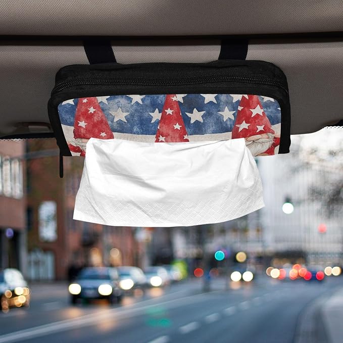 Three July 4th Gnomes Stars Car Tissue Holder Durable Napkin Holder Hanging Tissue Holders Case Car Tissues Bag for Sun Visor Seat Back Universal Auto
