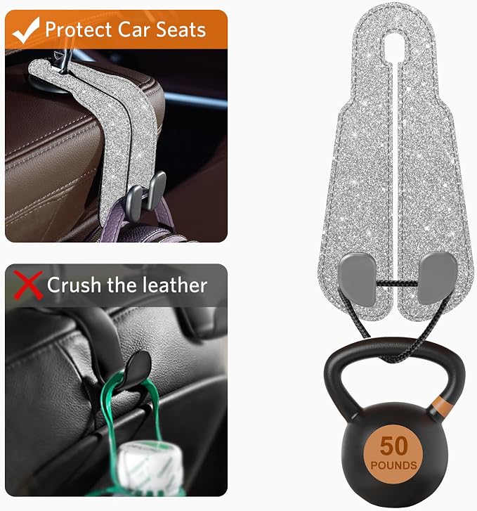 CoBak Purse Hook for Car - Universal Premium Stitched Leather and Aluminum-Magnesium Alloy Double Car Seat Back Storage Hook for Purses, Handbags, Bags (2 Pack),Silver Glitter