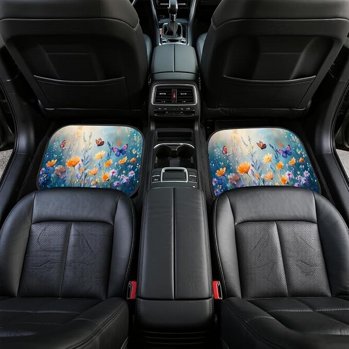 Spring Floral Car Floor Mats Wildflower Flower Blossom Butterfly Carpet Front Rear Carpets Mat Decorative Car Floor Carpets Non-Slip Auto Car Accessories Universal Fit Car Accessories for Truck