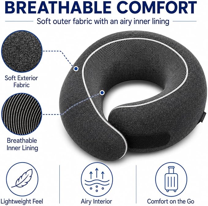 Travel Neck Pillow for Airplanes, Pure Memory Foam Neck Pillow with Washable Cover and Storage Bag, Ergonomic 360° Support for Sleeping, Car, Office, Home, Black