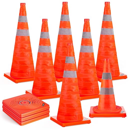 BATTIFE [10 Pack] 28 Inch Collapsible Traffic Safety Orange Cones, Multi Purpose Pop-up Cones and Reflective Collar, for Road Parking, Driving Practice