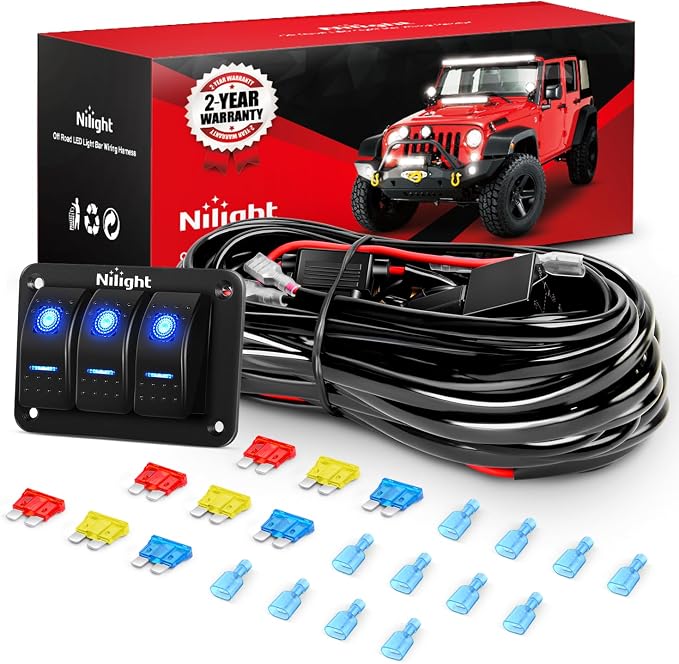 Nilight 16AWG LED Light Bar Wiring Harness Kit 12V On/Off 3 Gang LED Pod Lights Rocker Switch Panel Power Relay Fuse 5Pin Toggle for Cars Boat ATV Trucks-6 Leads