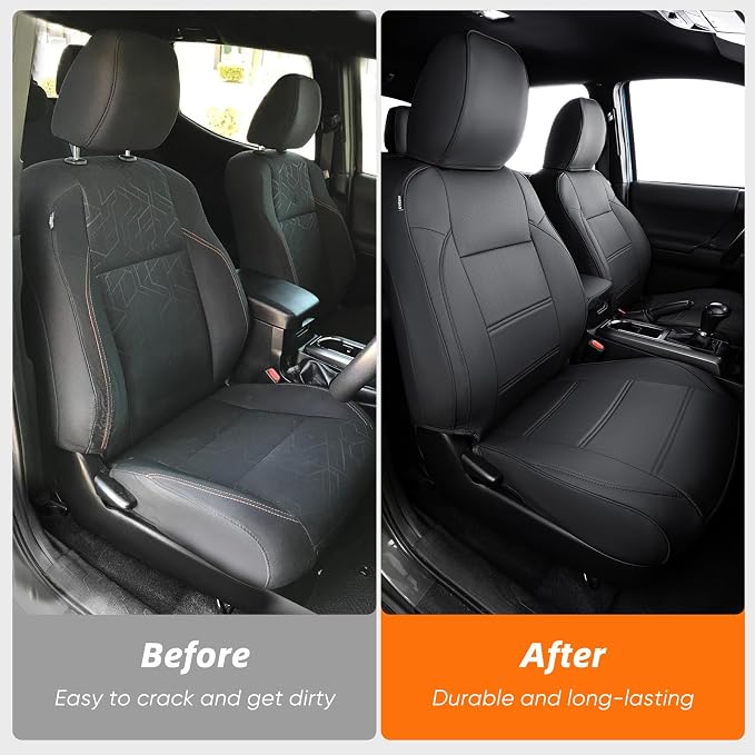 DrCarNow for Toyota Tacoma Seat Covers 2016 2017 2018 2019 2020 2021 2022 2023, Leather Seat Covers for Trucks Crew Cab & Double Cab Waterproof for 3rd Gen Tacoma Accessories 2016-2023 Full Set Black