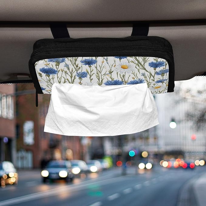 Car Tissue Holder Car Napkin Holder Tissue Box Dispenser Storage Case Sun Visor Mask Holder with Adjustable Straps Reusable Refillable Blue and White Daisy03
