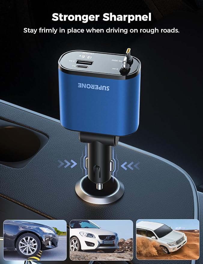 [Upgraded] SUPERONE Retractable Car Charger 4 in 1 Fast Car Phone Charger | USB C and Apple Multi Car Adapter with Cord 2.6ft, Compatible with iPhone 17 16 15/15 Pro Max/14/13/12/11, Galaxy, Pixel