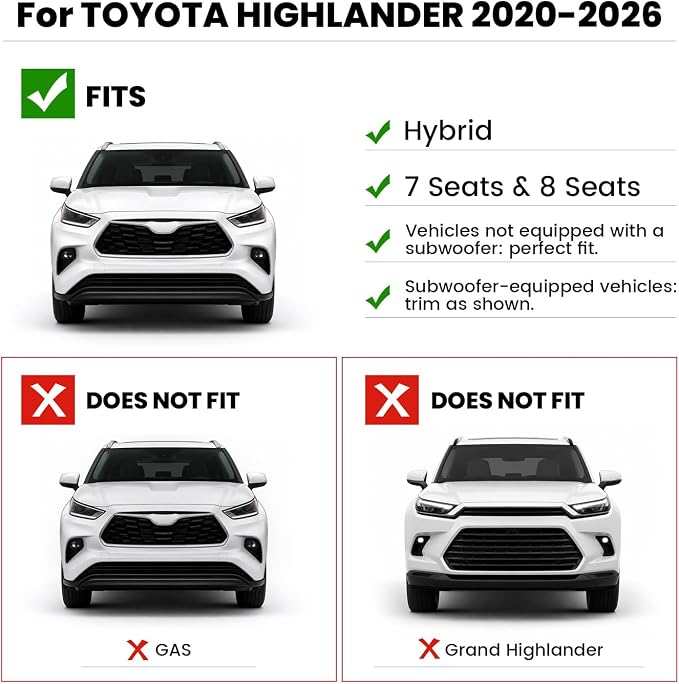 LASFIT Floor Mats & Cargo Mat for Toyota Highlander 2020-2026 (Fit Hybrid, 7&8Seats), All Weather Fit TPE Floor Liners, 3 Rows & Cargo Liner Back Seat Cover for Highlander car mats(Not Subwoofer)
