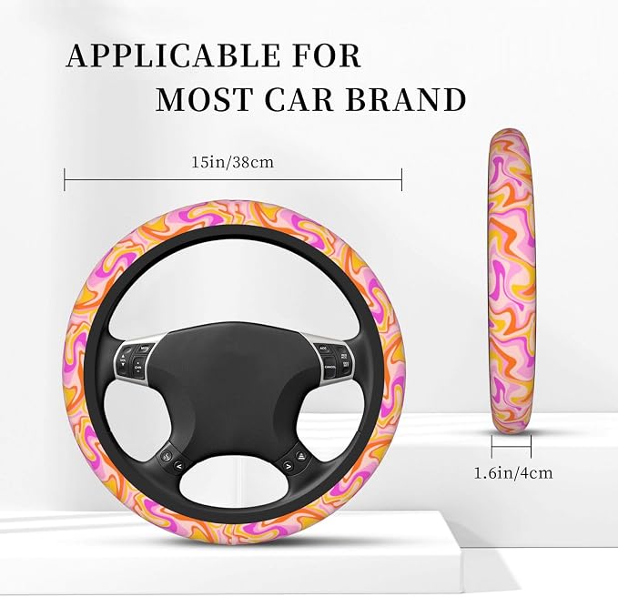 Groovy 70s 80s Vintage Aesthetic Steering Wheel Cover For Women Men Girls Car Accessories Decor Anti-Slip Neoprene Auto Steering Wheel Covers Protector Universal 15 Inch