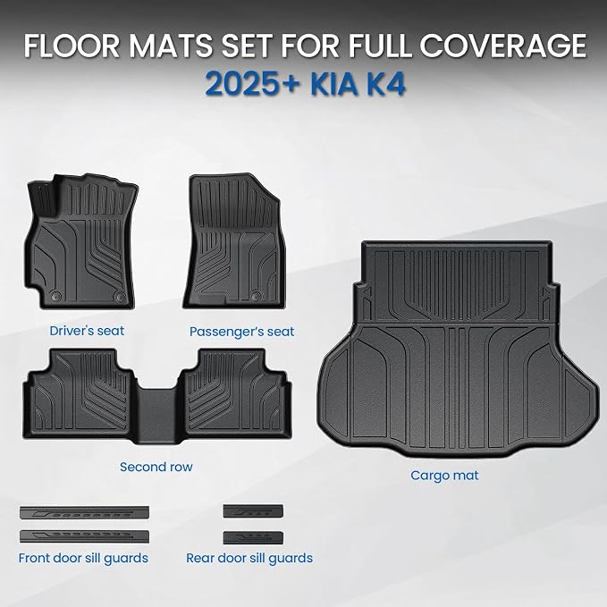 Floor Mats Set for 2025-2026 Kia K4 Sedan, All Weather TPE Floor Liners Trunk Mat Cargo Liner Door Sill Guards Accessories