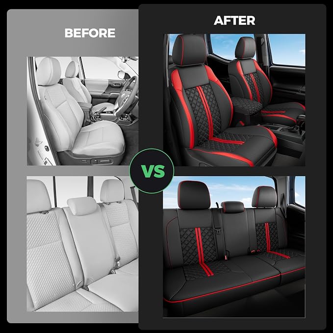 Custom Seat Covers for Tacoma 2016-2023 3rd Gen Double Cab SR5/TRD Off-Road/SR/TRD Sport/TRD PRO Full Set with Console Covers, Waterproof Leather Back and Front Seat Protectors Black Red