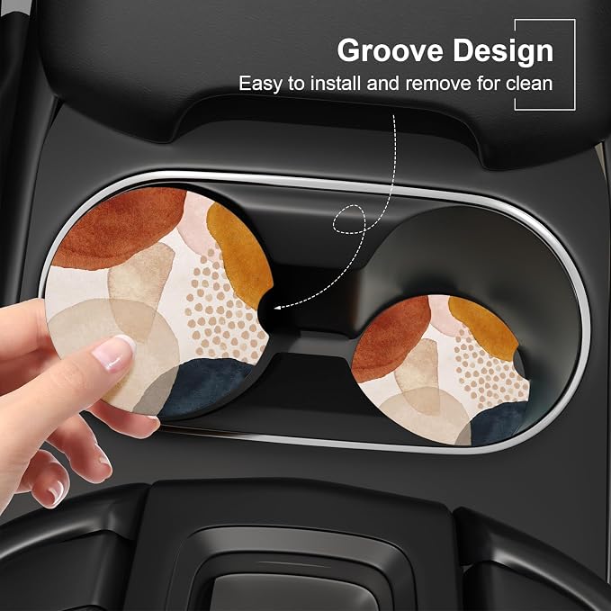 Car Cup Holder Coaster, Car Coasters for Cup Holders, 2 Pack Universal Anti Slip Insert Absorbent Ceramic Auto Interior Accessories with A Finger Notch & Cork Base, Simple Abstract Art