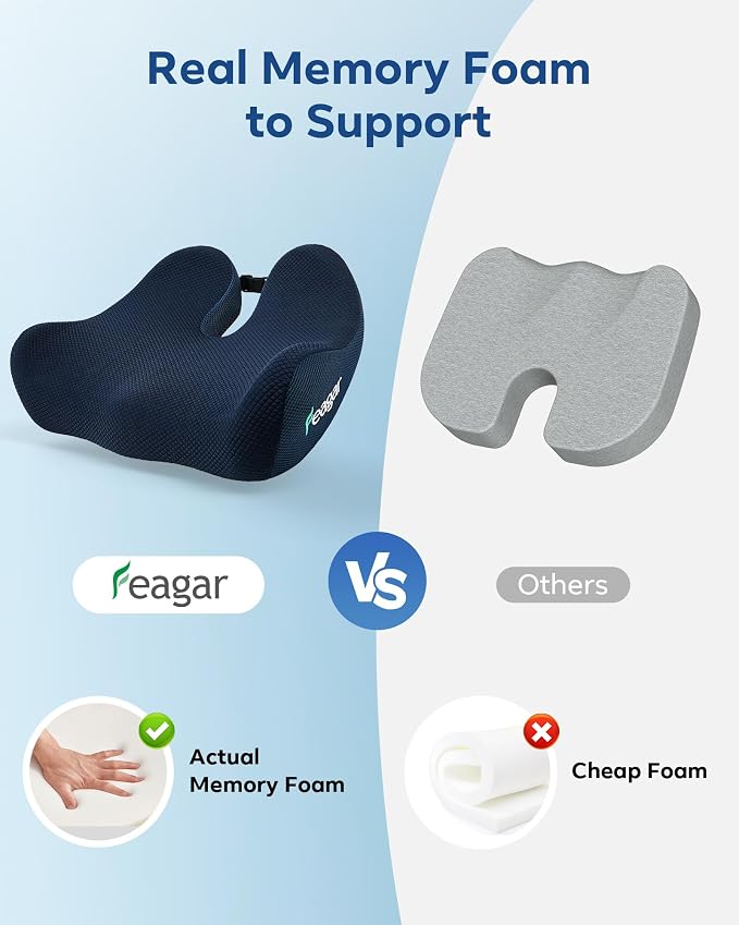 Feagar Seat Cushion for Office Chair - Memory Foam Tailbone Cushion for Desk Chair, Car Seat and Wheelchair - Ergonomic Chair Pad for Hip and Lower Back Comfort - Washable Mesh Cover Blue | Seat Cushion for Tailbone Pain Relief - for Desk Chair, Car& W...
