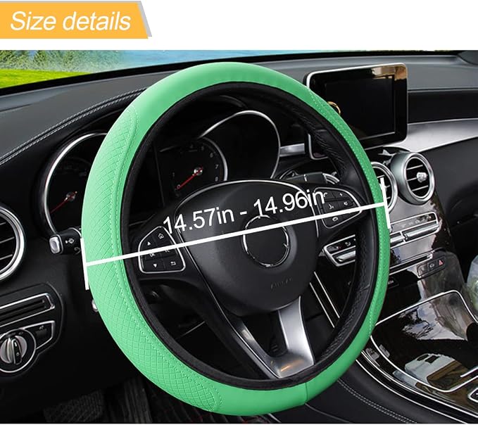 LoyaForba Leather Car Steering Wheel Cover, Elastic Breathable Anti-Slip Steering Wheel Protector, Car Interior Accessories for Men Women, Universal 15 Inch for Most Cars (Green)