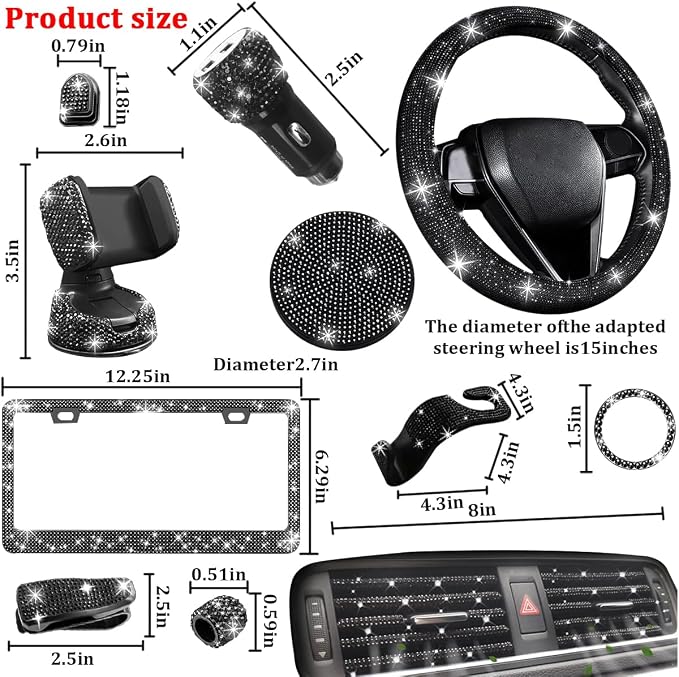 27PCS Bling Car Accessories Set for Women, 14.5-15" Rhinestone Steering Wheel Cover Cup Coaster, USB Charger Phone Holder Headrest Hook, Diamond Auto Interior Decor, Universal Fit (Black)