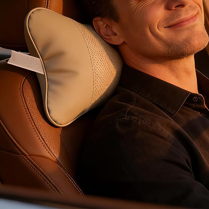 2 Pack Car Neck Pillow Soft Breathable Headrest Pillows for Driving Support, Universal Fit for Most Car Seats Decor Accessories（Beige White）