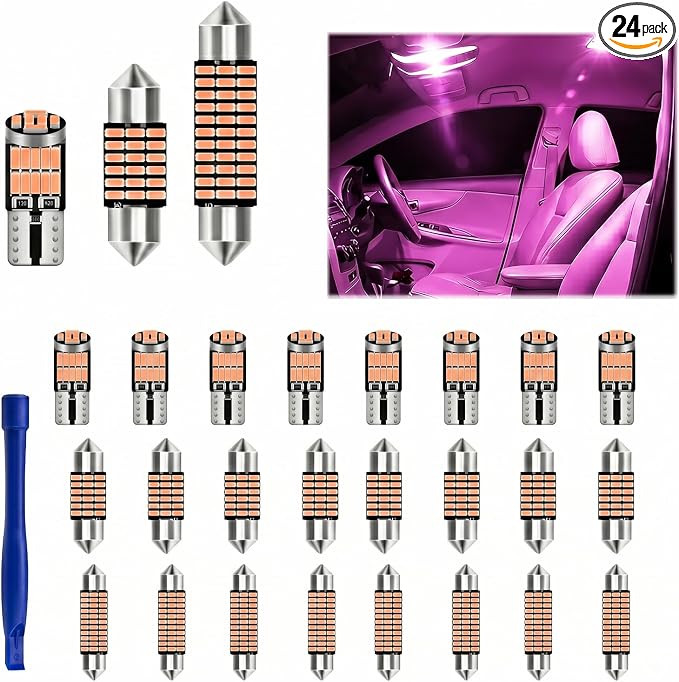 24PCS Car LED Interior Light Kit, T10 31mm 41mm LED Dome Light Bulb Set Replacement for Map License Plate Door Side Marker Cornering and Trunk Interior Lighting, Fits Most Cars(Pink Purple)