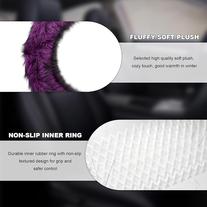 Fluffy Steering Wheel Cover, 15 Inch Anti-Slip Microfiber Plush Fuzzy Steering Wheel Cover, Winter Warm Elastic Fuzzy Steering Wheel Covers for Women and Men, Car Accessories (Purple)