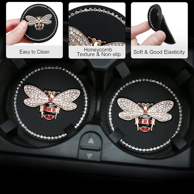 Bling Cup Holder Insert Coaster- 2.75 inch Silicone Anti-Slip Shockproof, Universal Fashion Car Interior Accessories for Women (Bee, 4 PCS)
