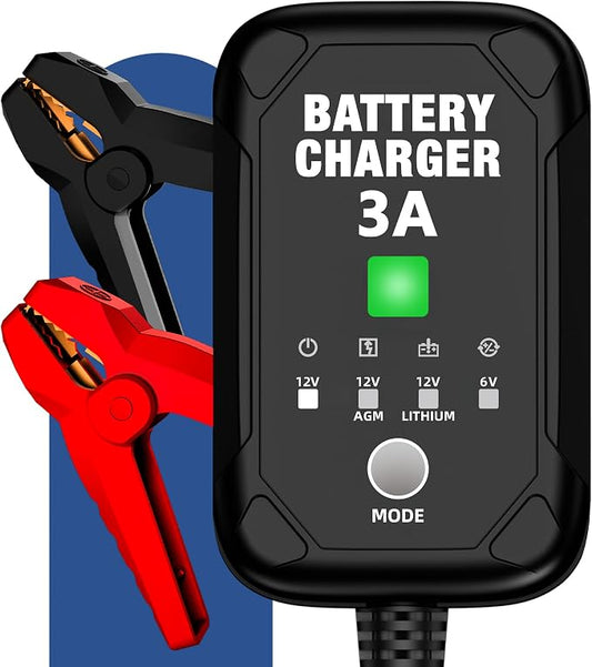 3A 6V/12V Car Battery Charger – Smart Trickle Charger, Battery Maintainer & Desulfator with Overcharge Protection & Temperature Compensation – for Lead Acid, AGM, Gel, Lithium Batteries