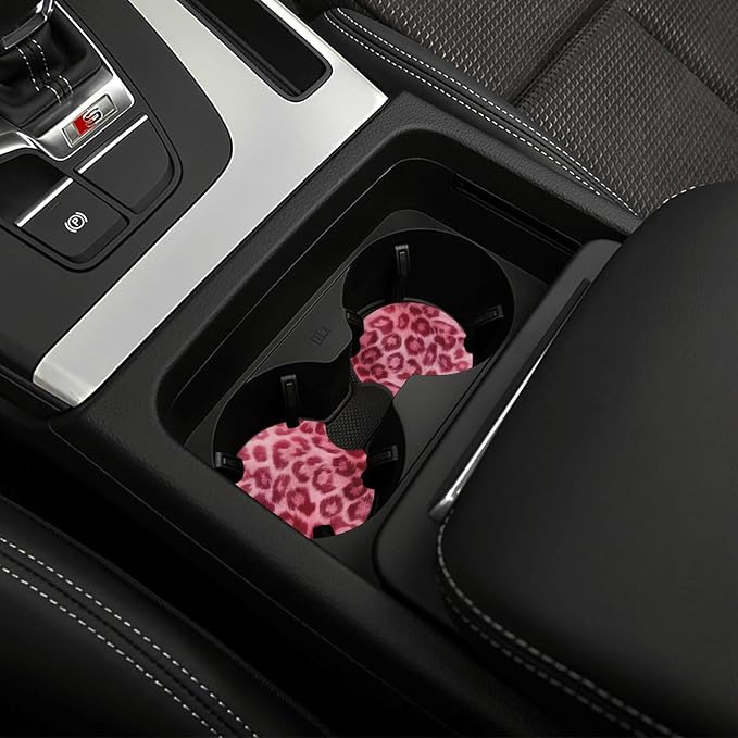 Pink Leopard Print Steering Wheel Cover Pink Cheetah Print Steering Wheel Cover Anti-Slip Breathable for 15 in Universal 2 Pcs Car Interior Cup Holder Pad for Men Women