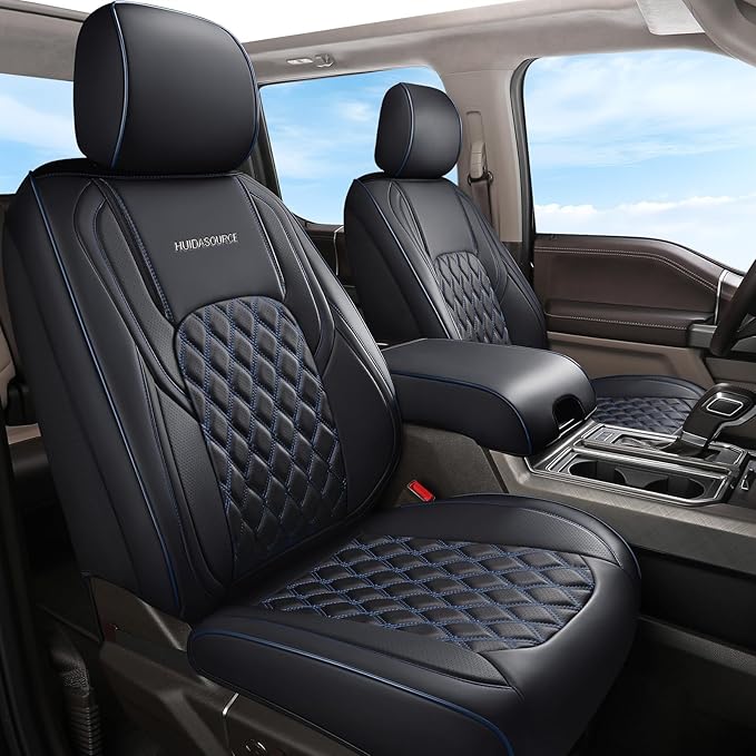 Huidasource Front Seat Covers for Dodge Ram, Leather Car Seat Cushion Cover Fit for 2009-2018 ram 1500, 2010-2025 ram 2500/3500 Crew/Mega Cab, 2019-2025 ram 1500 Classic Only (Flat Front/Black&Blue)