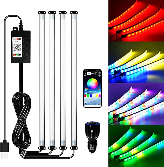 Car Led Interior Light Strip 13 Inch 72LEDs Under Dash Foot Well Soft Lighting RGB DIY 210 Modes Static/Chase/Gradient/Strobe/Music, Timer App Switch Control, USB 5V DC 12V, No Remote