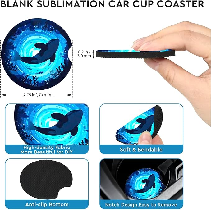 2 Pack Killer Whale Car Cup Holder Coasters Universal Neoprene Coasters | 2.75" Universal Size Anti Slip Rubber Mat, Auto Cup Holder Accessories for SUV Truck, Whale Gifts for Women Men Mom